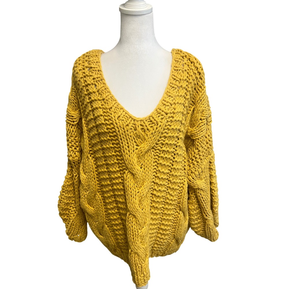 VICI Sweater Womens Sz S Mustard Yellow Cable Knit Lace Trim Lantern Sleeve Boho